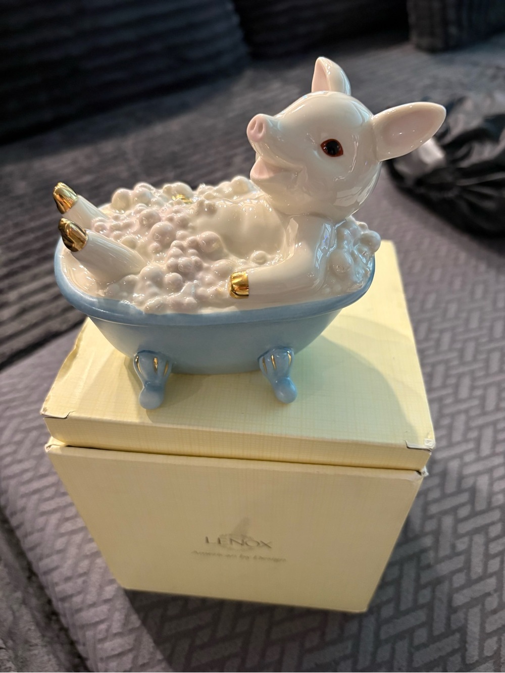 Lenox White Pig in Light Blue Tub with Gold Accents Figurine
